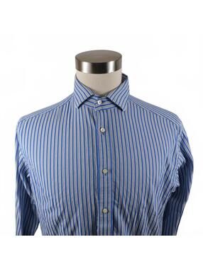 Thomas Dean Mens Button Up Blue White Striped Shirt Medium